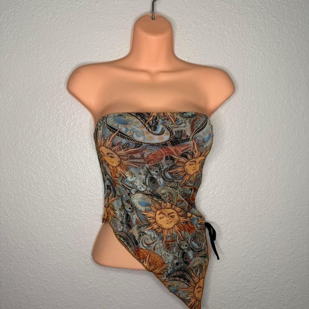 New Multicoloured strapless asymmetrical tube top with sun design